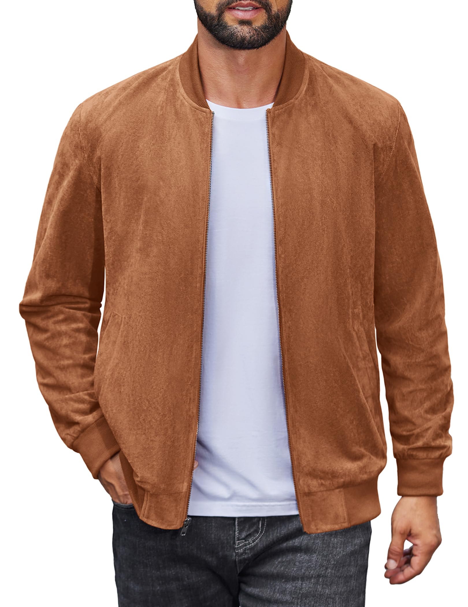 Jaqueta bomber de camurça leve masculina, jaqueta casual do time do colégio, jaqueta de couro sintético vintage